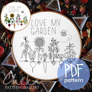 Garden embroidery, Vegetable Garden hand embroidery pattern. Cottagecore Embroidery Pattern, Home Embroidery PDF, Watch My Garden Grow