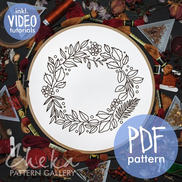 Floral pattern for hand embroidery, wreath PDF pattern for pillowcase. Beautiful pattern with wild herbs, home decor with your own hands