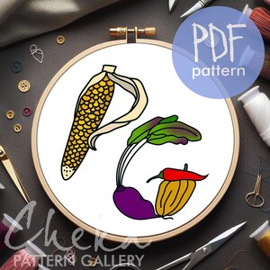Harvest Alphabet Embroidery Pattern. Alphabet, set of letters for hand embroidery. Letter Embroidery Design with wegetables, Floral Monogram