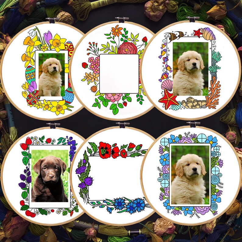 Embroidery Photo Frames Pattern Bundle, Floral Shells Berries (PDF ...