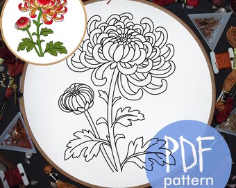 Chrysanthemum, hand embroidery pattern PDF, November Birth Flower, Botanical embroidery, Fall Art