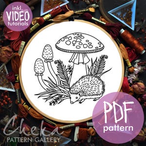 Hedgehog Embroidery Pattern, Autumn embroidery pattern. Forest hedgehog with mushrooms. Cute hedgehog, Mushrooms hand embroidery pattern