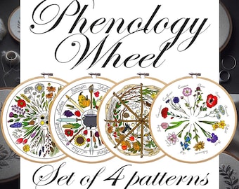 Phenology Wheel, Set of 4 hand embroidery patterns. PDF Embroidery calendar. Yule, Mabon, Samhain, Ostara, Imbolc
