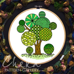 May include: An embroidery hoop featuring a tree design with various shades of green and a brown trunk. The tree's foliage has different patterns. The text "Cheka Pattern Gallery" is at the bottom of the image.