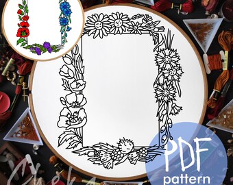 Photo frame pattern, hand embroidery pattern with summer flowers, handmade photo frame, digital embroidery pattern PDF. Nature Embroidery