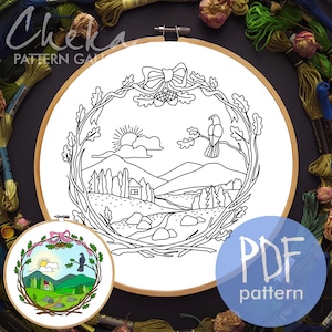 Forest Embroidery Pattern, Landscape template. Embroidery project, Nature Embroidery Pattern PDF, Simple Embroidery, Floral embroidery PDF