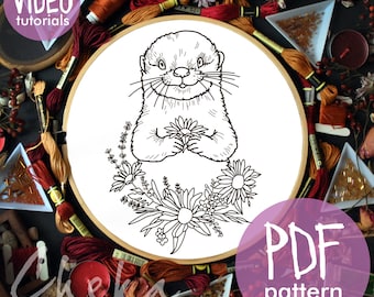 Otter among flowers. Cute otter with daisies, hand embroidery pattern. Otter pattern, pet portrait. Otter lover gift, embroidery pattern