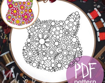 Cat Floral Embroidery Pattern, Modern Flower Portrait (PDF)