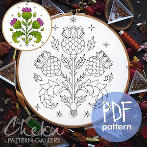 Thistle flower, hand embroidery pattern PDF. Traditional Scottish Crest. Decorative Thistle flower, botanical embroidery. Hoop Art, Thistle