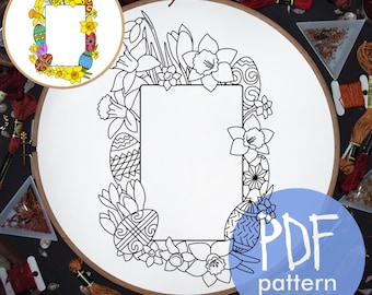 Easter hand embroidery pattern with eggs, DIY photo frame, PDF template