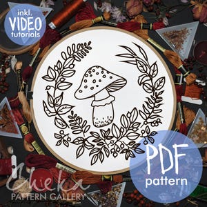 Mushroom Embroidery Design, Mushrooms and leaves, Hand Embroidery Pattern, Autumn Embroidery Template, Fall Woodland Embroidery, PDF Pattern