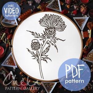 Thistle, a pattern for hand embroidery. Thistle flower with bud, botanical embroidery.  Modern Hoop Art, Thistle, Traditional Scottish Crest