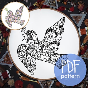 Peace Dove Embroidery, The French knot Pattern, Christian Hand Embroidery, Floral Dove Embroidery, Catholic Hoop Art, Christian Needlework