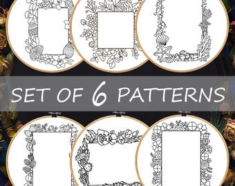 Embroidery Photo Frames Pattern Bundle, Floral Shells Berries (PDF Download)