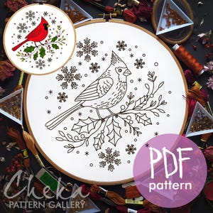 Winter Cardinal Hand Embroidery Pattern, Winter Bird design, DIY Holiday Craft Project, Instant Download PDF, Beginner Friendly Embroidery