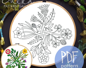 United Kingdom Symbols. Plant symbols of England: the rose, daffodil, clover, thistle. Hand embroidery pattern PDF. Hoop Art