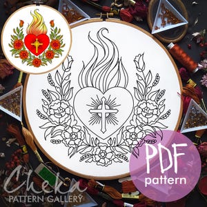 Sacred Heart Of Jesus pattern, Catholic Religious Symbol, Instant Digital Download. Embroidery Pattern, Christian Hoop Art,Heart and Flowers