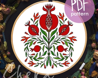Pomegranate Embroidery Pattern, Floral Cross Stitch Design (PDF Download)
