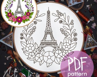 Eiffel Tower Embroidery Pattern, Floral Paris Design (PDF Pattern)