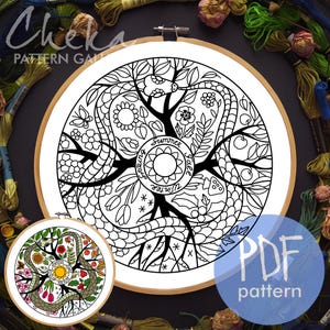 以下が含まれることがあります： 夏、秋、冬、春の季節が描かれた木のデザインの白黒刺繍パターン。上部には「Cheka Pattern Gal」の文字。小さいカラー版も表示されています。