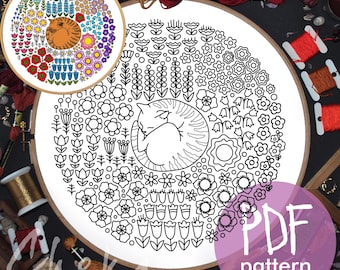 Modern Cat Embroidery Pattern, Floral Spring Garden (PDF Pattern)