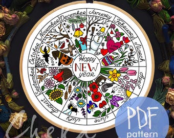 Phenology Wheel Embroidery Pattern, Seasonal Calendar (PDF Pattern)