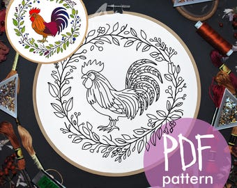 The rooster, the symbol of France. Cockerel hand embroidery pattern. Colorful Rooster Hand Embroidery Pattern, Instant Download, hoop art