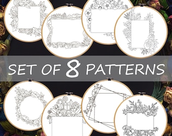 Floral Photo Frame Embroidery Patterns, Set of 8 (PDF Pattern)