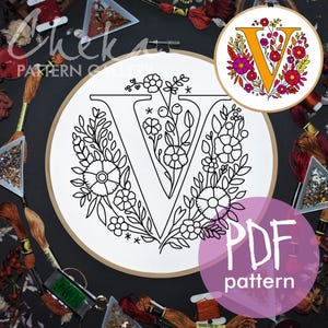 Padrão de bordado de letras florais, padrão de letras "V", download digital instantâneo, design de bordado à mão de letras com flores, monograma floral