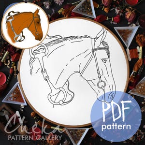 Horse, hand embroidery pattern. Cute horse portrait. Horse embroidery template PDF, Simple embroidery, hoop art. Horse digital portrait