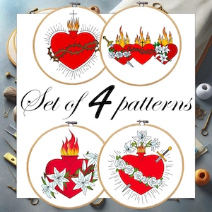 Holy Family Hearts, Sacred Heart Of Jesus pattern, Immaculate, Chaste Heart, Catholic Symbols, Instant Digital Download. Christian Hoop Art