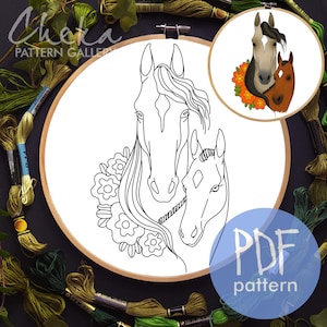Mare with a foal, hand embroidery pattern. Cute horse portrait. Horse embroidery template. Simple embroidery pattern. Horse digital portrait