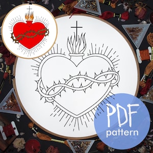 Sacred Heart Of Jesus pattern, Catholic Symbols, Holy Family Hearts, Instant Digital Download. Embroidery Pattern PDF, Christian Hoop Art