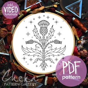 May include: Black and white embroidery pattern of a stylised thistle flower with leaves and roots. The pattern is surrounded by a circle of stars and crosses. The pattern is on a white background and is in a hoop. The text "PDF pattern" is on a pink circle in the lower right corner of the image.