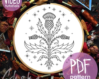 Scottish Thistle Embroidery, Floral Line Art, Beginner Hand Design (PDF with Video Tutorials