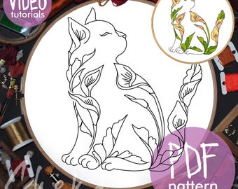 Cat and Lilies Hand Embroidery Pattern, Beginner Floral Cat (PDF)