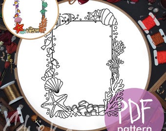 Sea shells Photo Frame, hand embroidery pattern with fish, DIY photo frame, handmade embroidered frame, digital hand embroidery pattern PDF