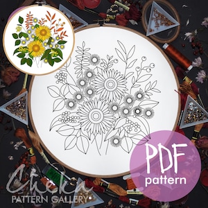 Sunflowers embroidery pattern. PDF Embroidery pattern with Sunflowers and daisies. Beautiful home decor. Floral Hand embroidery pattern PDF