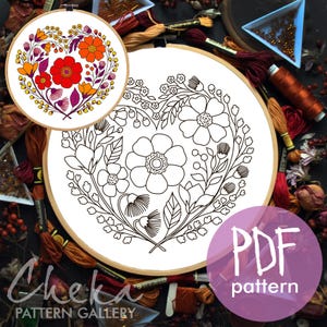 Floral heart, Hand Embroidery pattern, Flower embroidery design, Hand Embroidery, St Valentin embroidery pattern, Hoop art, Handmade gift