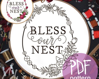 Hand embroidery pattern "Bless Our Nest", Hoop art, Spring  template PDF