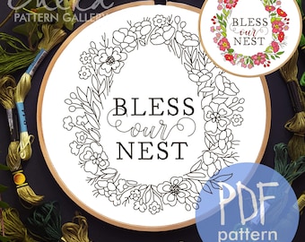 Easter eggs, Hand embroidery pattern "Bless Our Nest", Florall embroidery blueprint, Hoop art