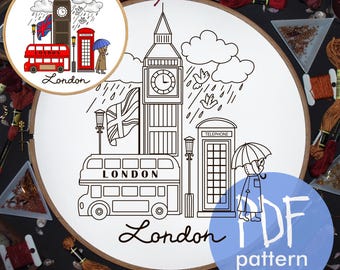 London, Big Ben template, Hand embroidery pattern PDF. English embroidery