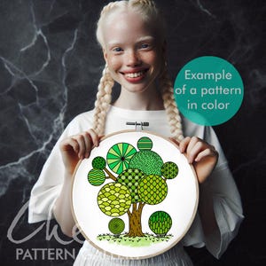 May include: An embroidery hoop with a cross-stitch design of a tree in shades of green. The tree has a brown trunk and branches, with circular patterns for the leaves. The text "Example of a pattern in color" is visible.
