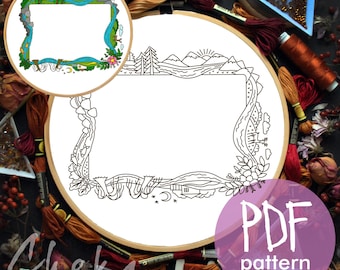 Hand Embroidery Photo Frame Pattern, Landscape and Mountains (Digital Download)