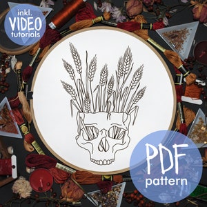 Skull pattern with ears of wheat, pattern for hand embroidery, pattern with spikelets, Embroidery scheme with skull, wall art with own hands