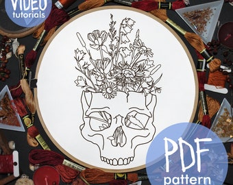 Skull with flowers, digital pattern for hand embroidery. Bouquet of wild flowers. Embroidery scheme with skull, home decor with own hands