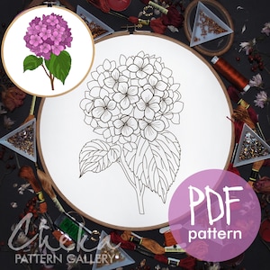 Hydrangea hand embroidery pattern, branch of big pink Hydrangea, Summer flower embroidery pattern, Modern hoop art PDF, Hydrangea pattern