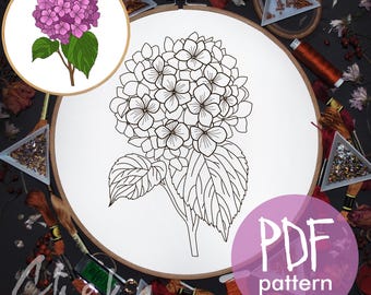 Hydrangea Hand Embroidery Pattern, Modern Floral Hoop Art (PDF)
