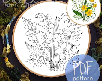 Daffodils, lilies of the valley and snowdrops, hand embroidery pattern. Embroidery blueprint PDF. Easter embroidery project, template PDF