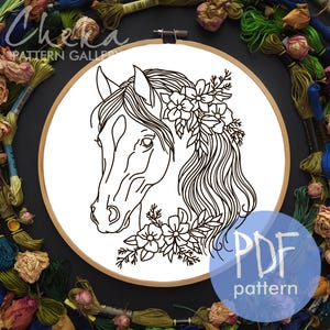 Horse embroidery pattern. Horse with flowers, hand embroidery template. Simple embroidery with horse and flowers. Horse digital portrait PDF